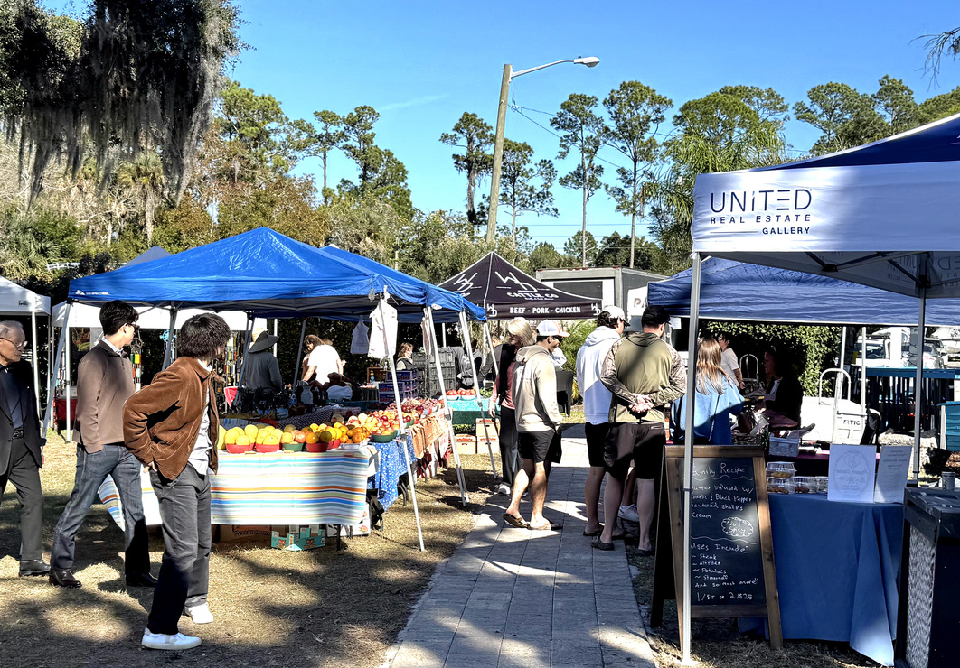 People walking around market