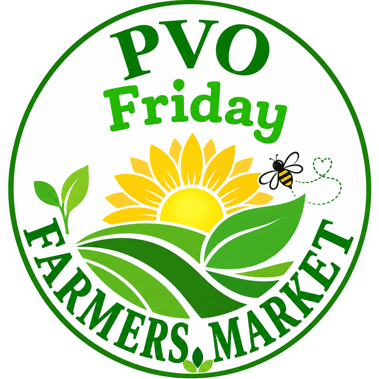 Circular logo for PVO Friday Farmers Market featuring a sunflower, green leaves, and a bee on a white background with green text