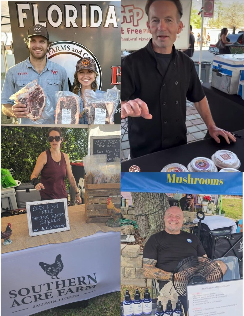 Collage of vendors with Florida beef, pasture-raised eggs, beekeeping honeycomb, crafts, and beef promotion banner.
