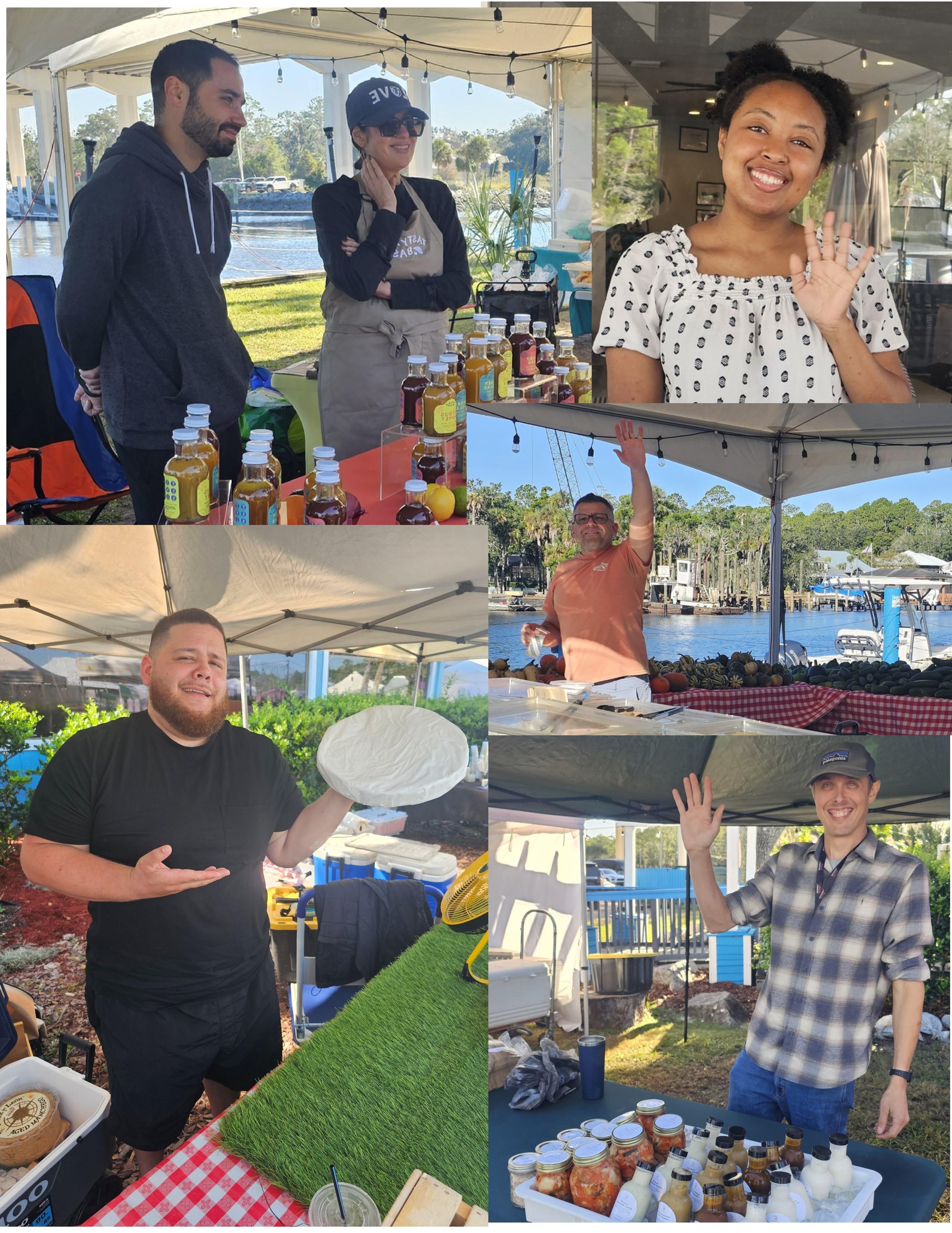 Collage of vendors at outdoor market tents selling sauces, kombucha, cheese, and other foods by the water.
