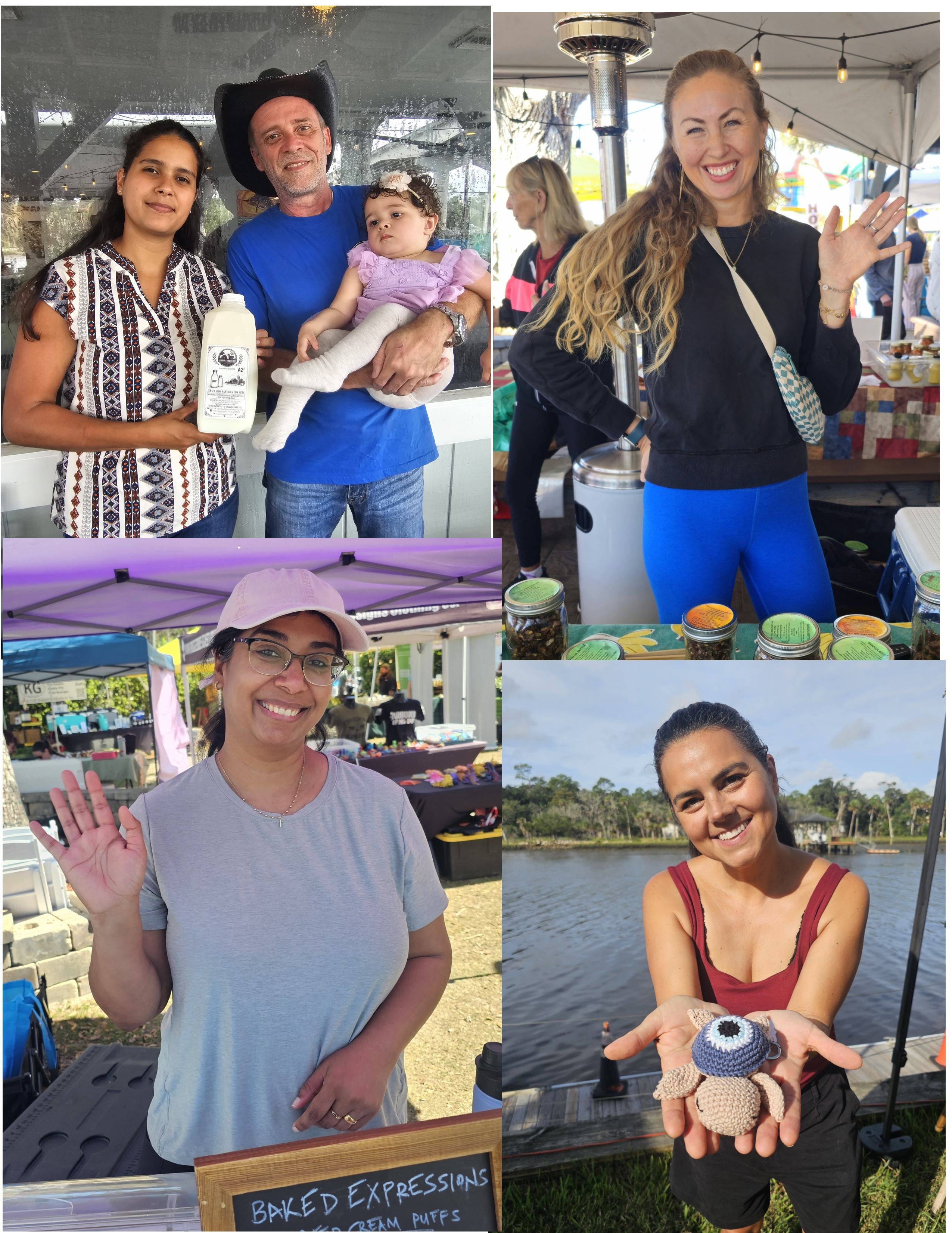 Collage of farmers market vendors waving and holding products including milk, baked goods, and handmade crochet toy.
