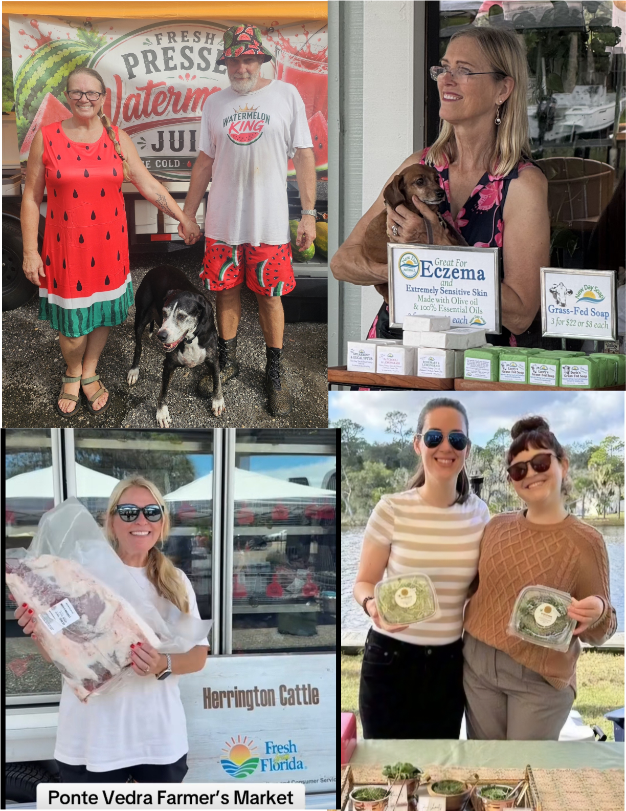 Collage of Ponte Vedra Farmers Market vendors smiling at booths with watermelon juice, soap, beef, and microgreens.
