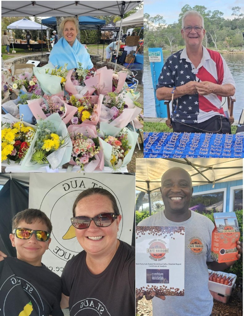 Collage of vendors selling flower bouquets, jewelry, hot sauce, and Cafe Nairobi coffee 
