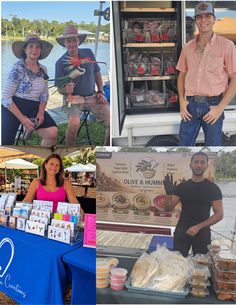 Collage of market vendors selling metal art, fresh fish, greeting cards, and Middle Eastern hummus and flatbreads.
