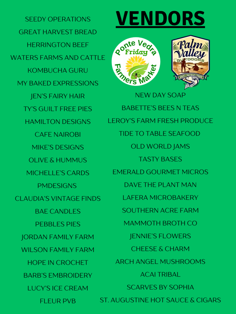 Ponte Vedra Farmers Market vendor list on green background with market logos.
